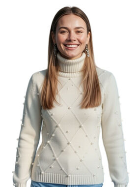 Liz Claiborne Cream Turtleneck Sweater with Peral Detail